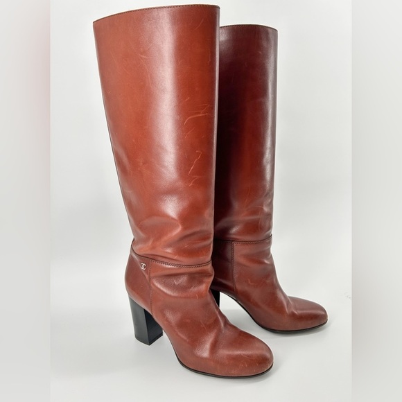 CHANEL Shoes - Chanel brown leather camel caramel heeled boots pull on 38.5 with dustbags only